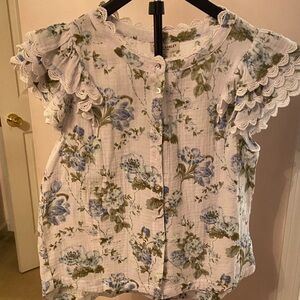 Laura Ashley Blue Floral Ruffle Blouse